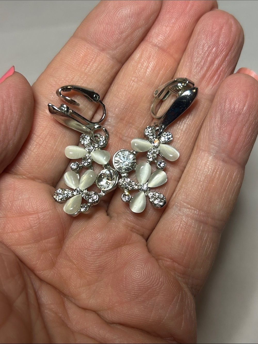 Silver-Tone White Floral Crystal Clip-On Earrings